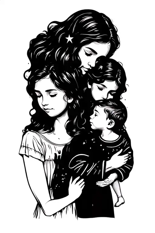 Lettering Mother Holding Children Of 3 Stars