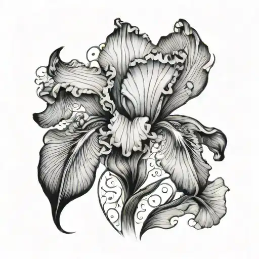 A Black-grey Tattoo Of A Mystical Iris Flower Surrounded By Swirling Nature Patterns