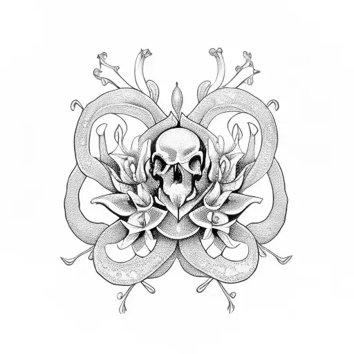 An Intricate Design Featuring Lilies Intertwined With A Frog Sitting On A Skull
