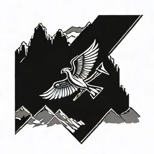 A Blackwork Tattoo Of A Pilot's Wings With A Mountain Silhouette In The Background