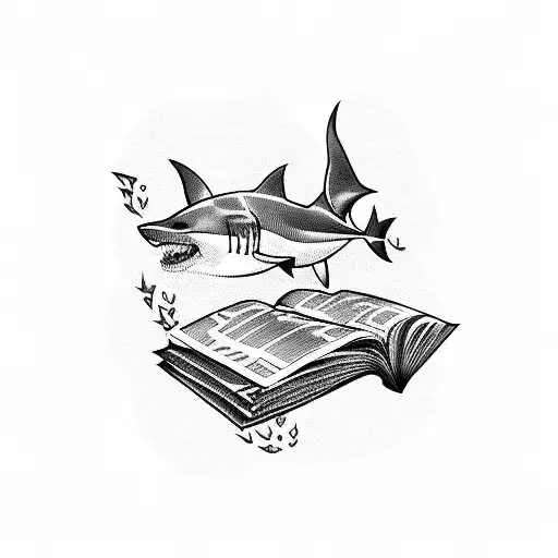 A Dotwork Tattoo Of A Shark Swimming In A Pool With A Book And Musical Notes Floating Around