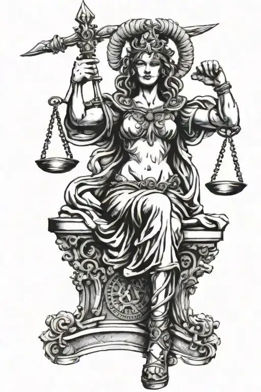 Lady Justice As A Warrior With Ram Horns On Her Head