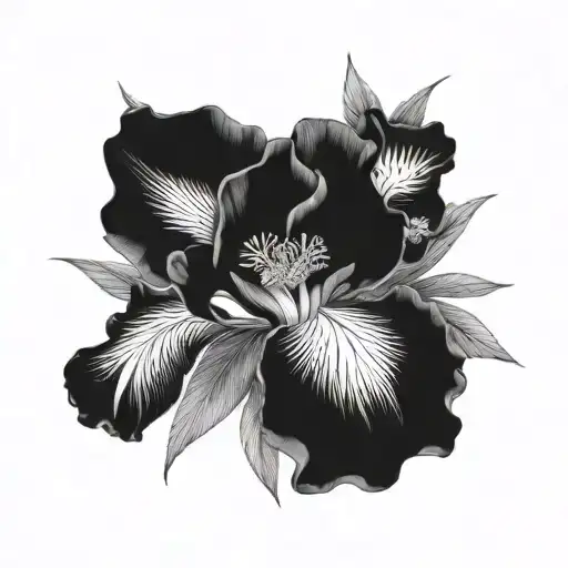 A Realistic Blackwork Tattoo Of An Iris Flower Intertwined With Intricate Nature Elements