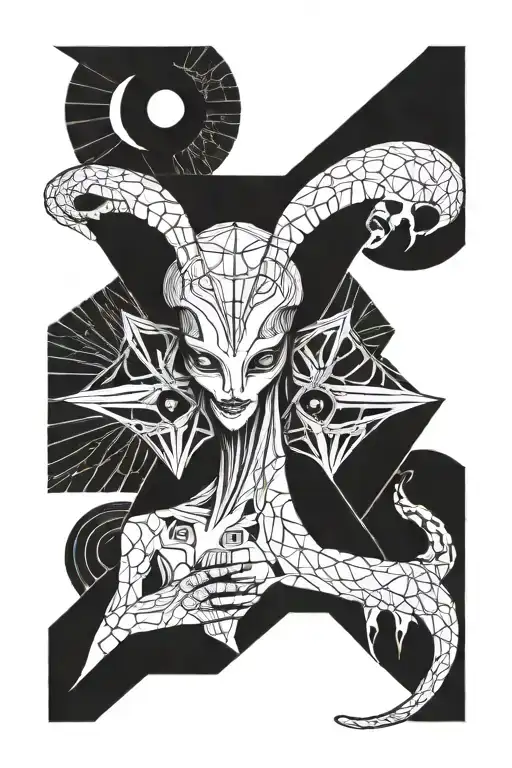 Sexy Feminine Alien Sacred Geometric Tattoo Stencil Drawn On White Paper