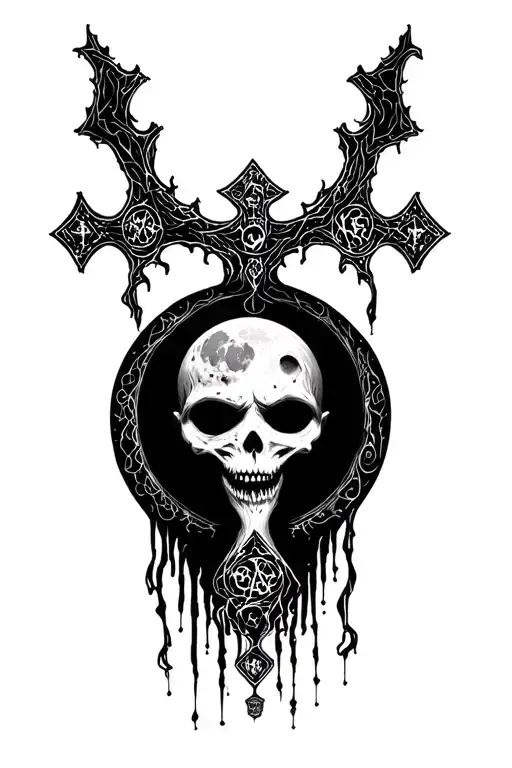 Horror Moon With Inverted Cross And 666