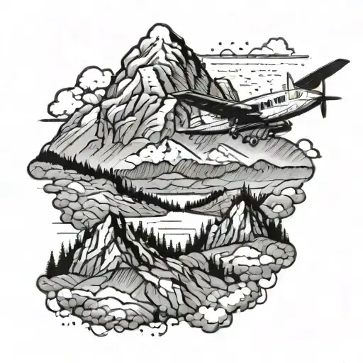 A Detailed Blackwork Tattoo Of A Mountain Landscape With A Small Airplane Flying Over It