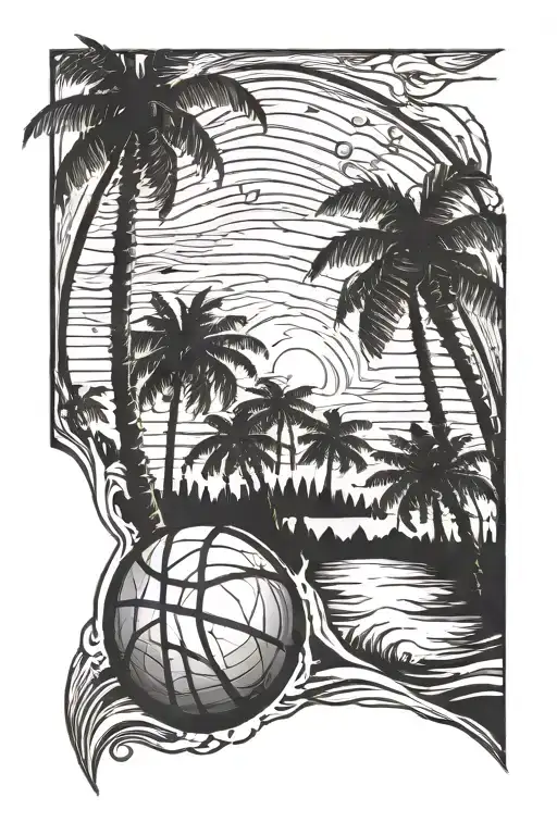 Basketball In Shallow Water Palm Trees In Background