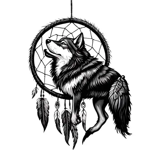 Dreamcatcher With A Wolf Howling At The Moon In The Center