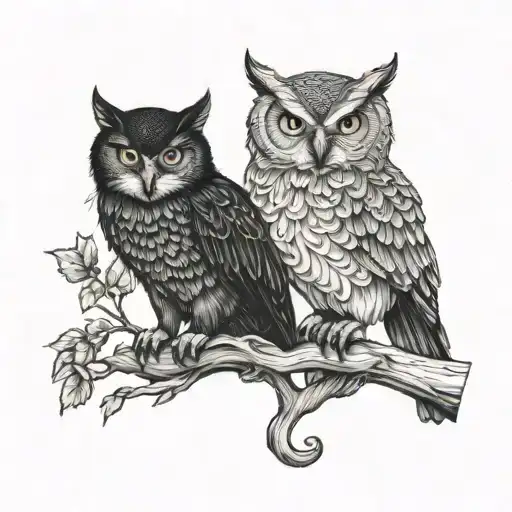 Cat And Owl Perched On A Branch