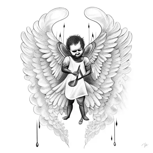 A Unique Blackwork Tattoo Of A Baby Playing A Musical Instrument With Wings Like An Angel