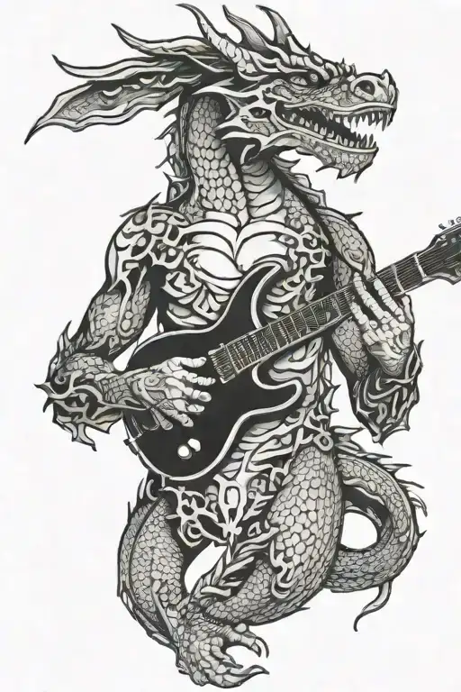 A Dragon Playing A Guitar Art Style Tattoo Inspired