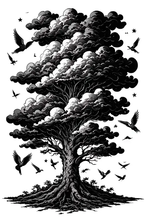 Clouds Surrounding A Tree With Angels Flying