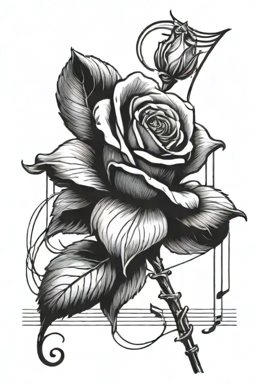 A Blackwork Tattoo Of A Rose Blooming Into A Music Staff