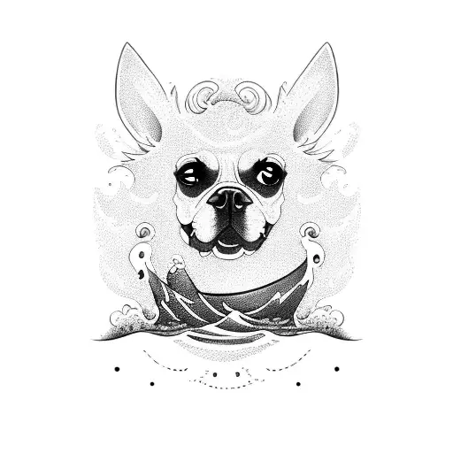 A Blackwork Tattoo Of A Dog Playing In The Ocean Waves
