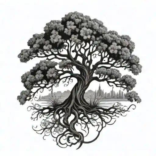 A Dotwork Tattoo Of A Majestic Gondor Tree With Iris Flowers Blooming At Its Roots