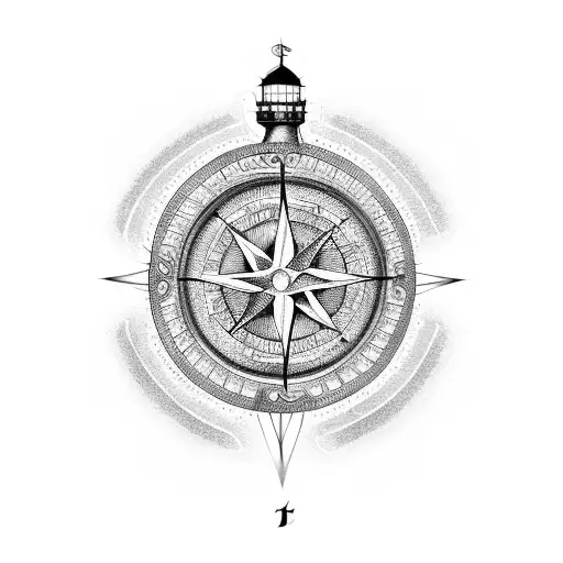 An Intricate Compass Surrounded By Waves And A Lighthouse In The Background