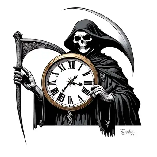 Grim Reaper Holding A Scythe With A Roman Numeral Clock