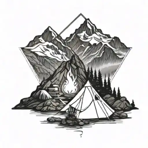 A Rugged Mountain Landscape With A Hidden Camping Tent And A Roaring Campfire