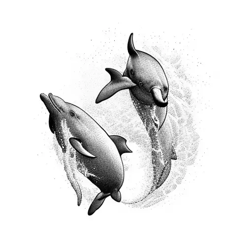 A Blackwork Silhouette Of A Mother And Baby Dolphin Leaping Out Of The Water