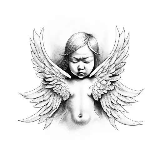Angel With Closed Eyes And Large Wings Holding A Baby