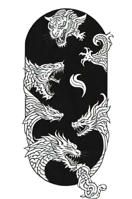 Tiger And Dragon Fighting And Waves