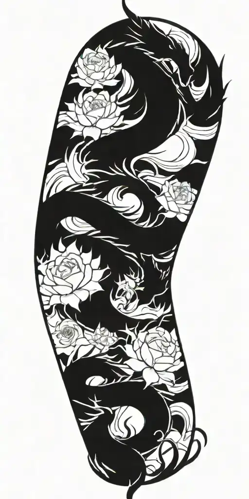 Dragon And Waves And Thorns And Flowers And Fire