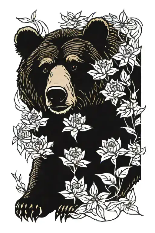 Grizzly Bear With Dahlia Flowers