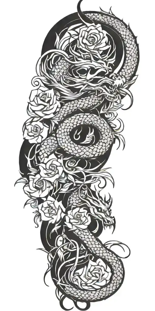 Dragon And Waves And Thorns And Flowers And Fire