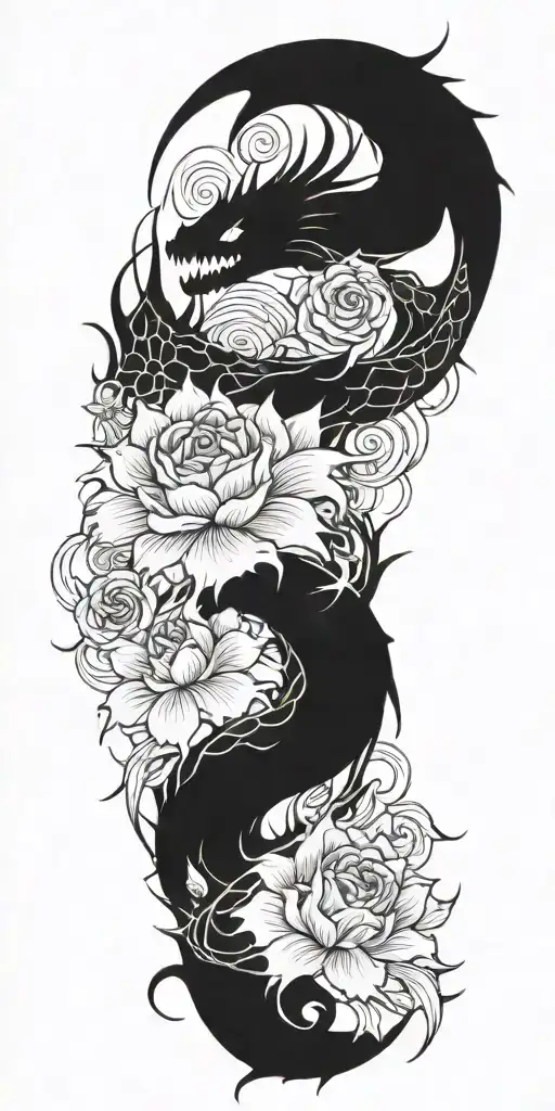 Dragon And Waves And Thorns And Flowers And Fire