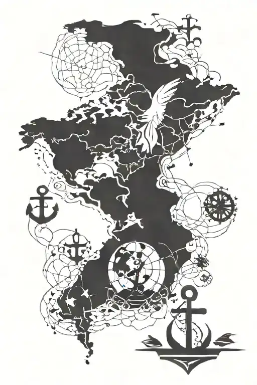 World Map With A Pigeon And An Anchor Connected