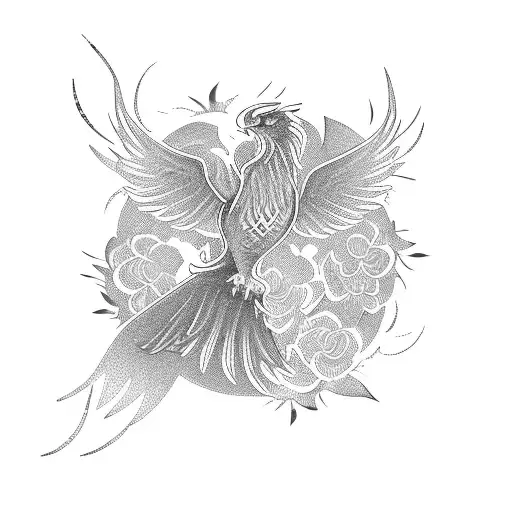 A Geometric Phoenix Surrounded By Flowers