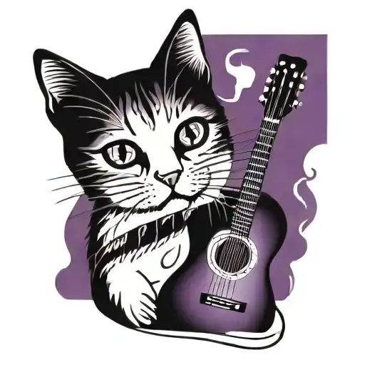 A Tattoo Design Featuring A Cat Playing A Guitar Surrounded By Musical Notes And A Purple Background
