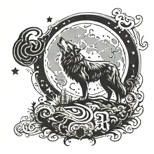 A Tattoo Design Featuring A Wolf Howling At The Moon With Musical Notes Swirling Around It