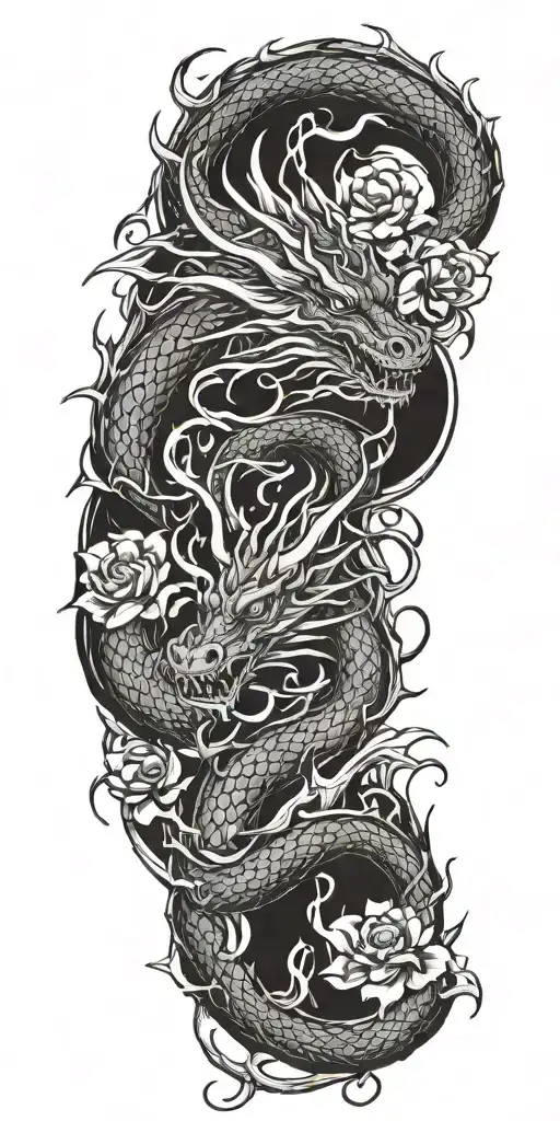 Dragon And Waves And Thorns And Flowers And Fire