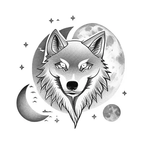 A Blackwork Tattoo Of A Wolf Playing A Taiko Drum With A Full Moon In The Background