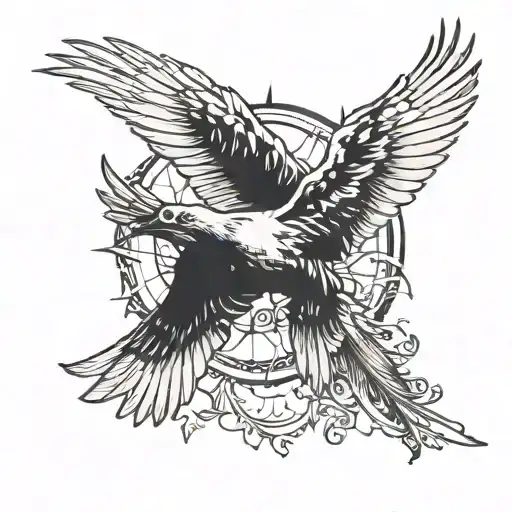 Dove And A Raven Falling From The Sun With Feathers Coming Off Of Them