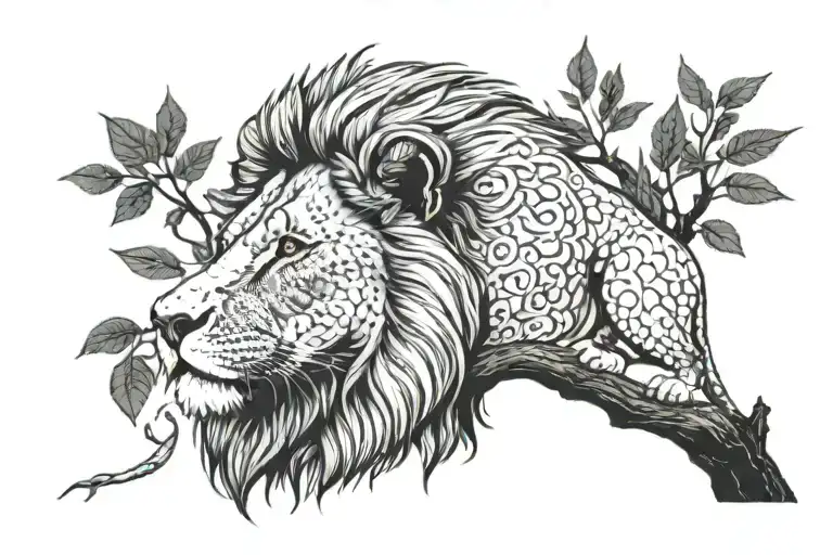 Lion With Many Stare Under The Tree