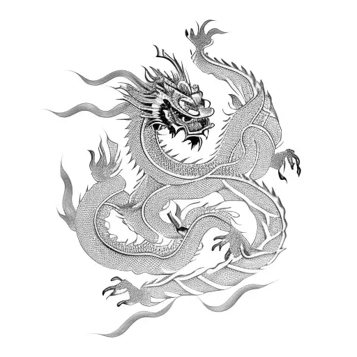 Asian Chinese Dragon With Lotus