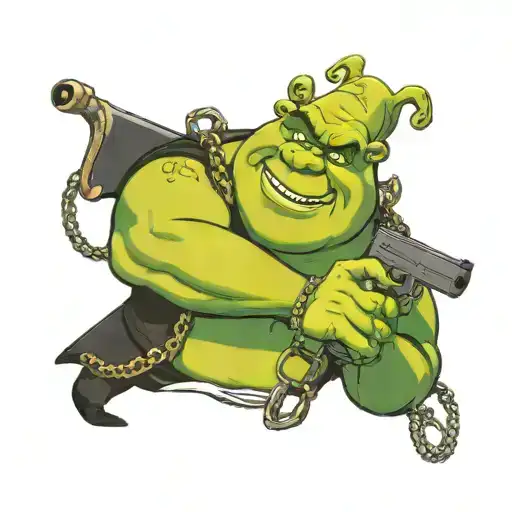 Shrek Holding A Gun With Sunglasses And Wearing A Gold Chain That Reads Shrek