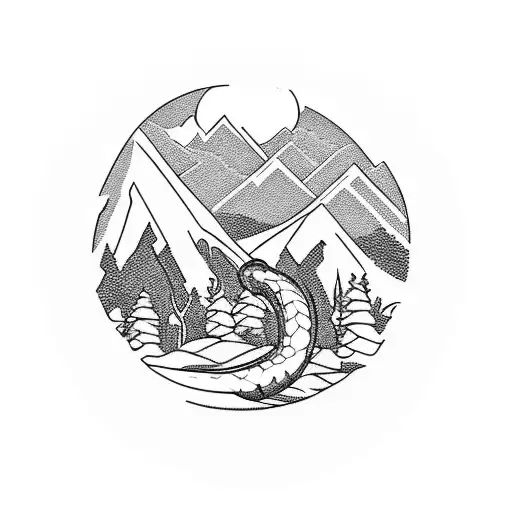 A Blackwork Tattoo Of A Mountain Landscape Morphing Into A Snake