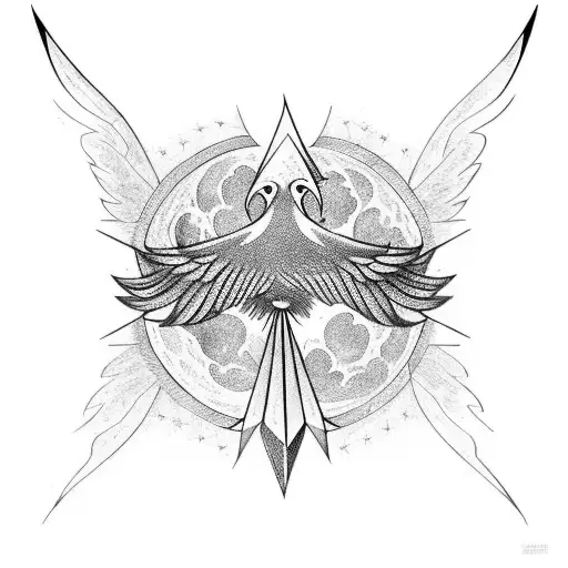 Symmetrical Geometric Phoenix Flying Towards Photorealistic Full Moon