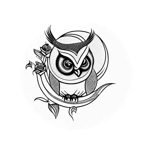 Owl With Roses And Moon