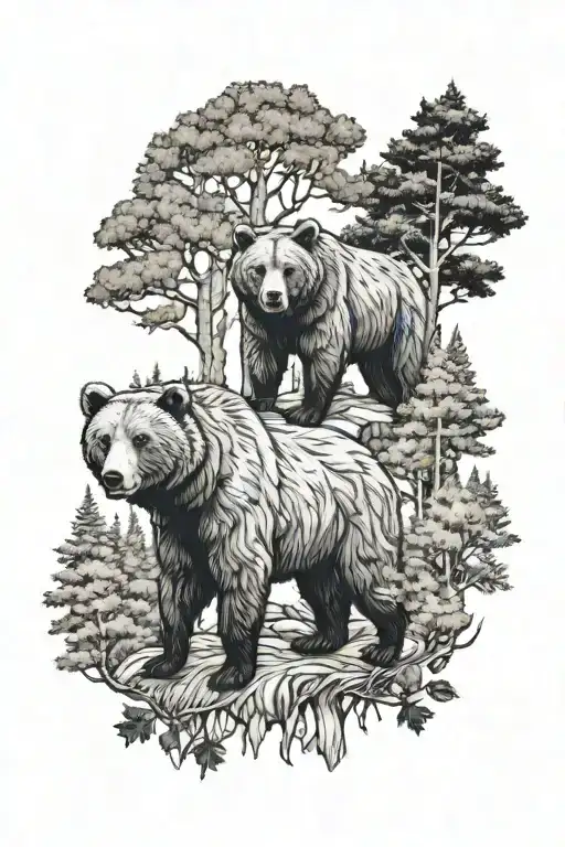 Brown Bear 3 Family With Trees And Bushe