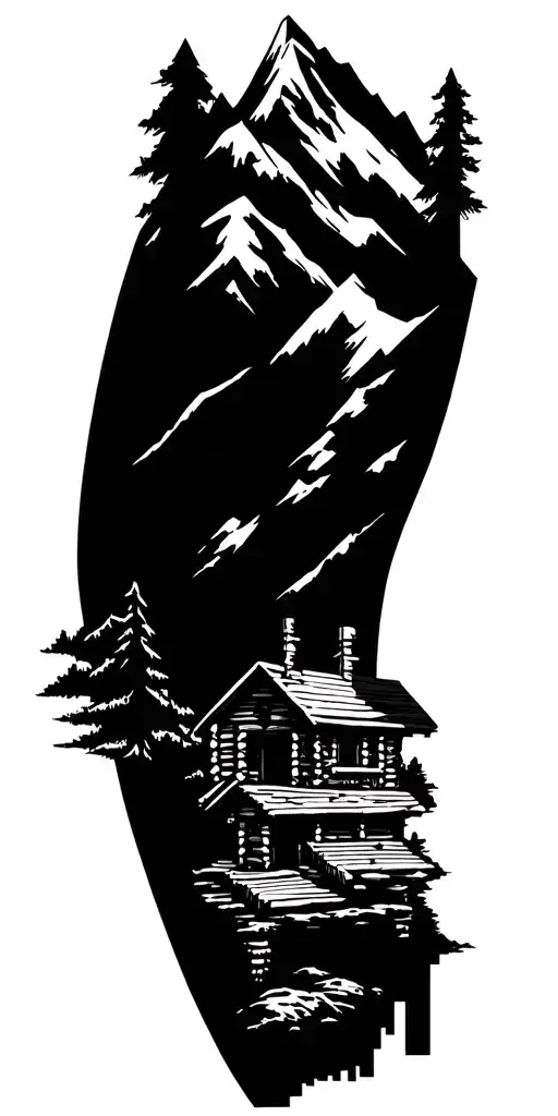 A Geometric Mountain Landscape Incorporating A Log Cabin