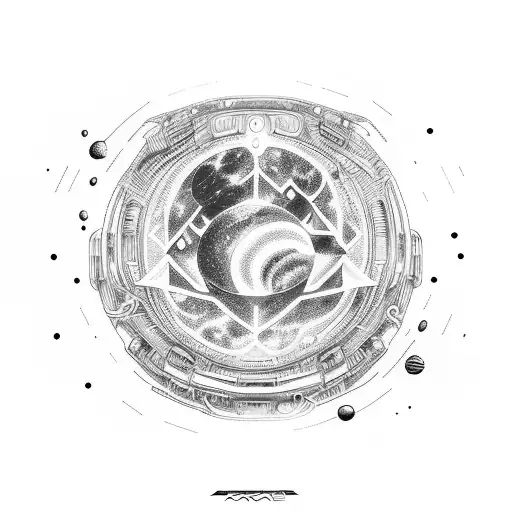 A Detailed Blackwork Tattoo Of A Futuristic Car Cruising Through A Galaxy Filled With Planets