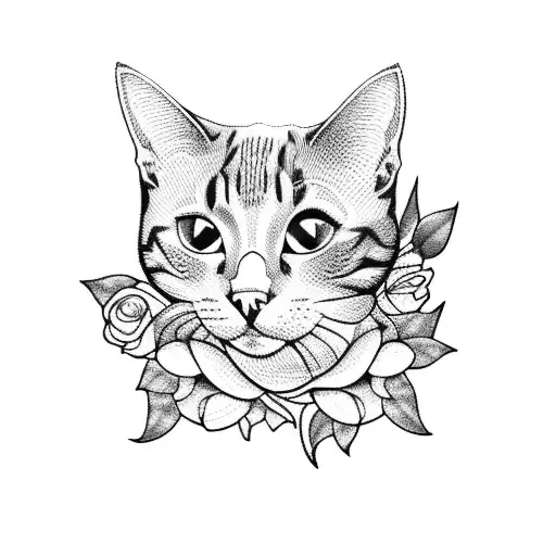 A Blackwork Tattoo Of A Cat Surrounded By Roses