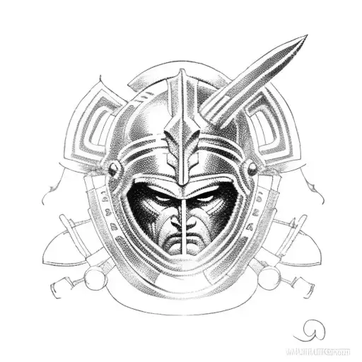 A Spartan Warrior With A Taurus Helmet In Blackwork Style