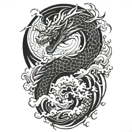 Japan Yin Yang Dragon Surrounded Clouds Waves