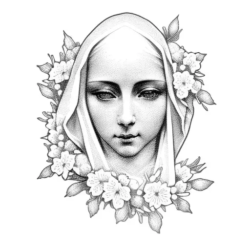 Virgin Mary Surrounded By A Wreath Of Cherry Blossoms And Carnations