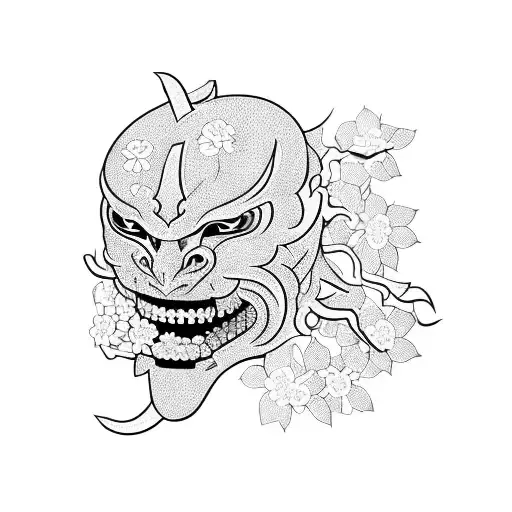 Broken Japanese Demon Mask With Sakura Buds Coming Out Of It